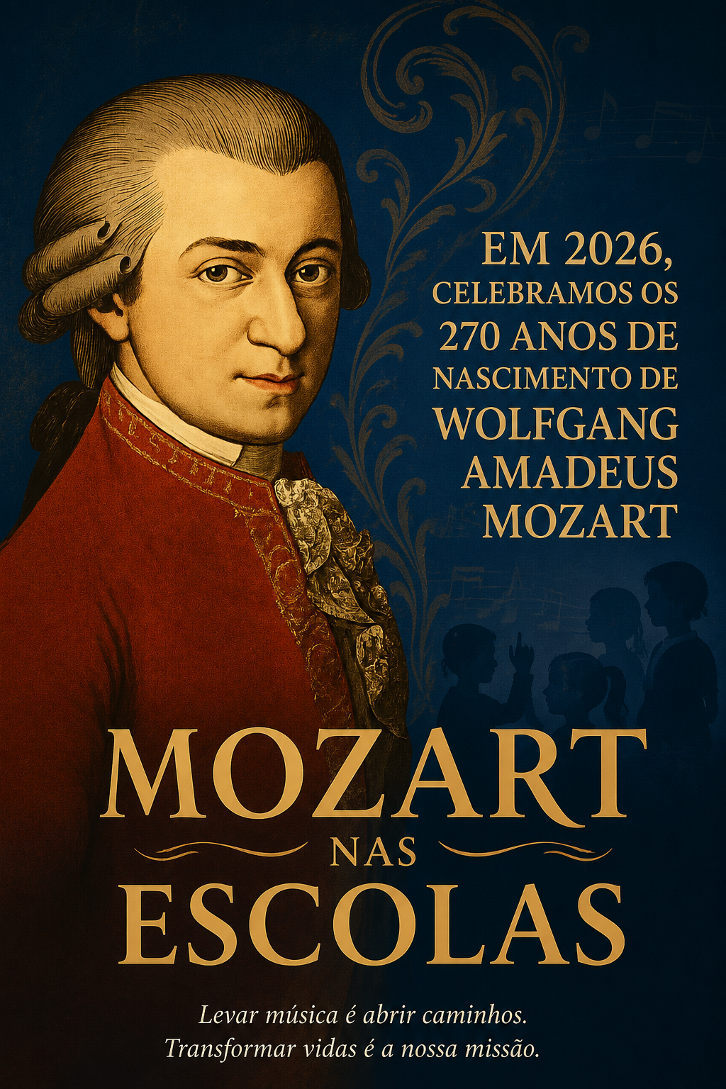 Cartaz do Mozart nas Escolas — retrato de Wolfgang Amadeus Mozart celebrando seus 270 anos, com o lema: levar música é abrir caminhos, transformar vidas é a nossa missão